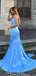 Elegant Spaghetti Straps Mermaid Sleeveless Side Slit Blue Satin Bridesmaid Dresses Online, BG462