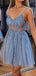 Sparkly Spaghetti Straps V-neck A-line Tulle Dusty Blue Homecoming Dresses Online, HD0671