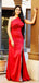 Elegant One Shoulder Mermaid Side Slit Red Satin Bridesmaid Dresses Online, BG465