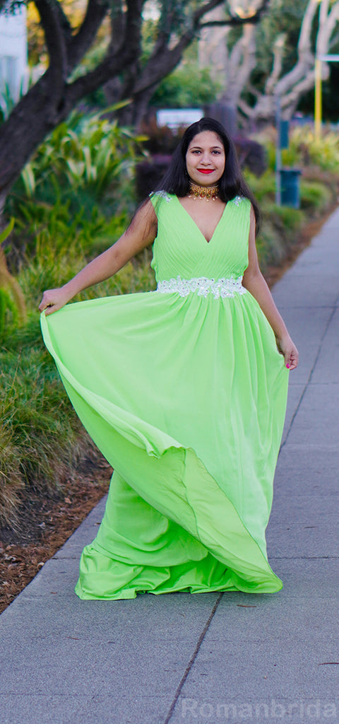 Elegant V-neck Sleeveless A-line Lime Green Bridesmaid Dresses Online, BG466