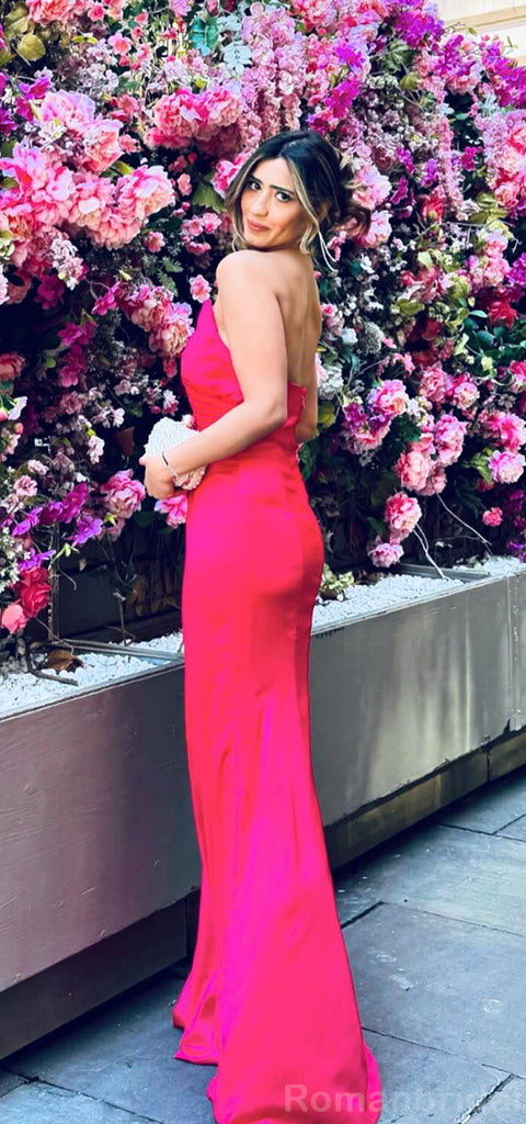 Simple V-neck Sleeveless Mermaid Long Fuchsia Satin Bridesmaid Dresses Online, BG447