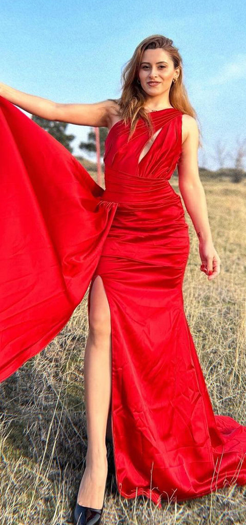 Elegant Red One Shoulder Side Slit Long Satin Bridesmaid Dresses Online, BG450