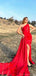 Elegant One Shoulder Mermaid Side Slit Red Long Satin Bridesmaid Dresses Online, BG454