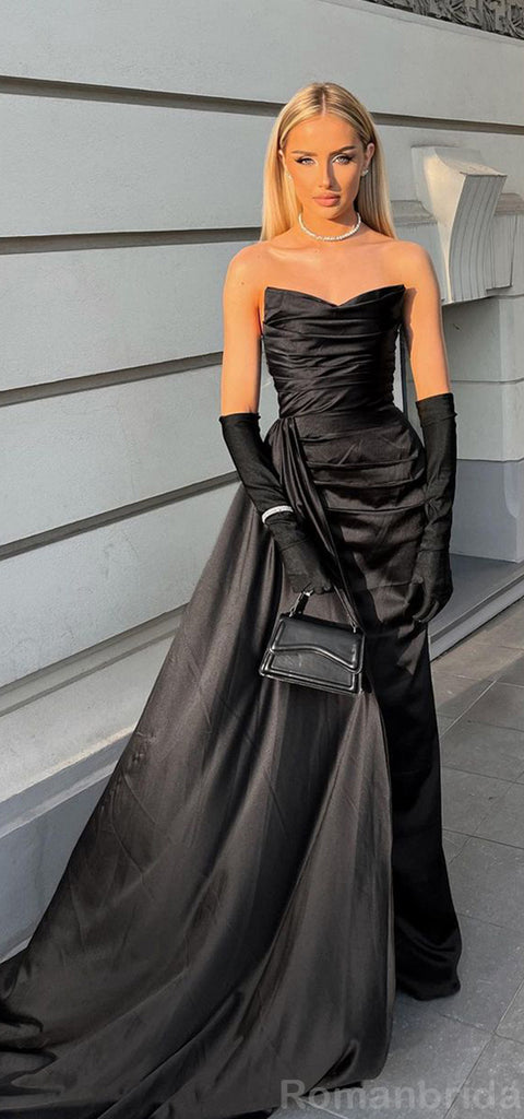 Gorgeous Sleeveless V-neck Mermaid Side Slit Black Satin Bridesmaid Dresses with Train, BG470