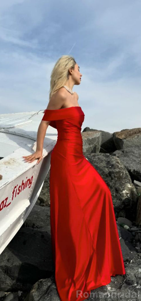 Elegant Red Off the Shoulder Long Satin Bridesmaid Dresses Online, BG451