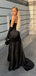 Gorgeous Sleeveless V-neck Mermaid Side Slit Black Satin Bridesmaid Dresses with Train, BG470