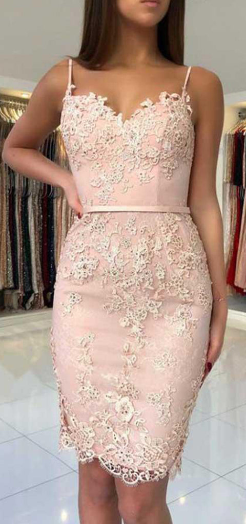 Elegant Spaghetti Straps Mermaid Applique Blush Short Homecoming Dresses Online, HD0676