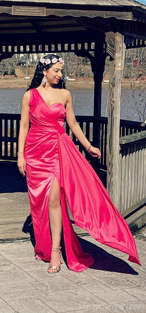 Elegant Azalea One Shoulder Side Slit Long Satin Bridesmaid Dresses Online, BG452