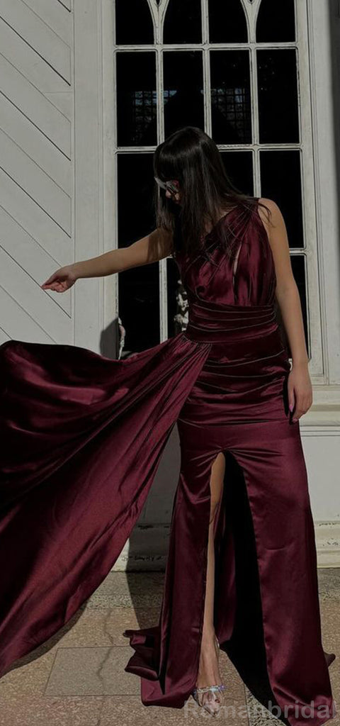 Elegant Mermaid Cabernet Side Slit One Shoulder Long Bridesmaid Dresses with Trailing, BG435