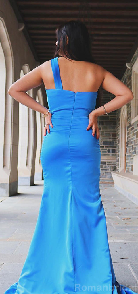 Elegant One Shoulder Blue Satin Mermaid Side Slit Long Bridesmaid Dresses Online, BG436
