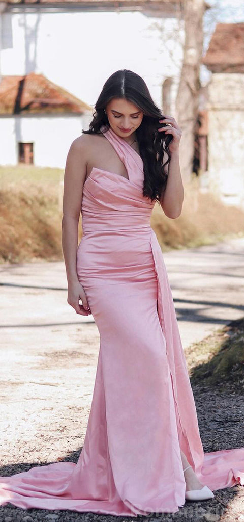 Elegant One Shoulder Mermaid Pearl Pink Long Satin Bridesmaid Dresses Online, BG472