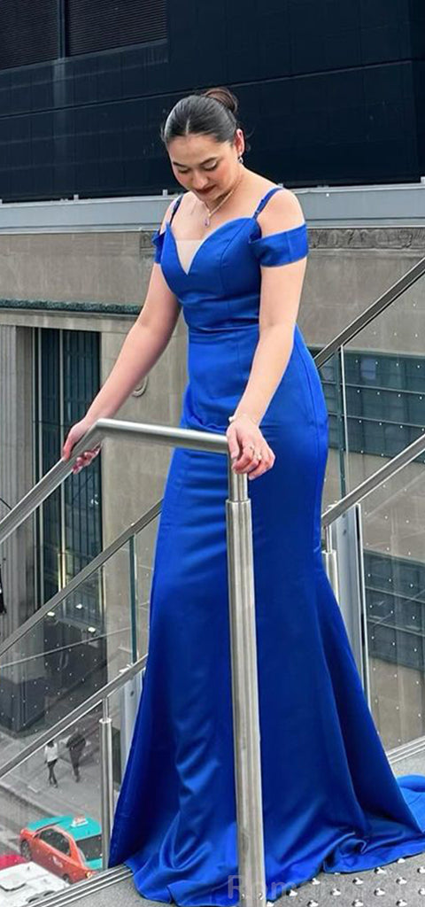 Elegant Spaghetti Straps Off the Shoulder Mermaid V-neck Royal Blue Long Satin Bridesmaid Dresses Online, BG474