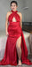 Sexy Halter Red Satin Mermaid Side Slit Long Bridesmaid Dresses Online, BG438