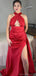 Sexy Halter Red Satin Mermaid Side Slit Long Bridesmaid Dresses Online, BG438