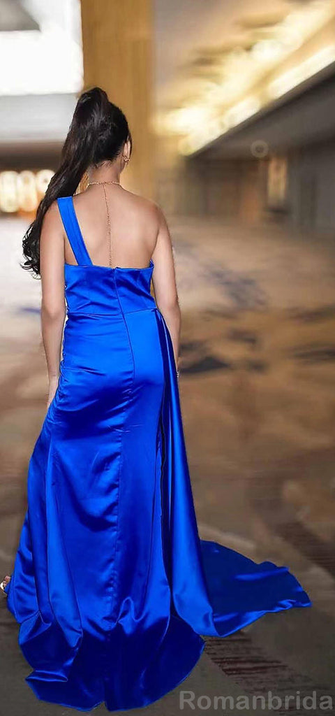 Elegant One Shoulder Mermaid Royal Blue Side Slit Long Satin Bridesmaid Dresses Online, BG475