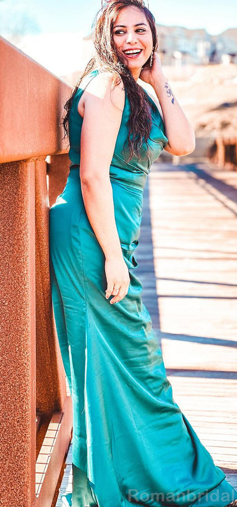 Elegant V-neck Mermaid Sleeveless Jade Satin Long Bridesmaid Dresses Online, BG439