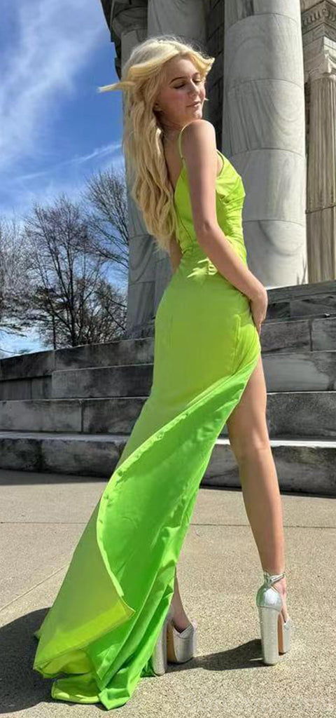 Elegant Spaghetti Straps V-neck Mermaid Side Slit Lime Green Satin Bridesmaid Dresses Online, BG476