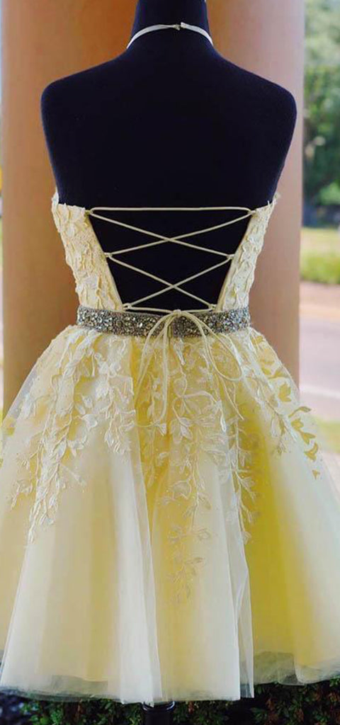 Elegant Halter Lemon A-line Applique Tulle Short Homecoming Dresses Online, HD0680