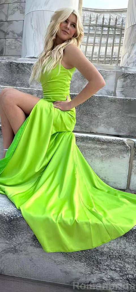 Elegant Spaghetti Straps V-neck Mermaid Side Slit Lime Green Satin Bridesmaid Dresses Online, BG476