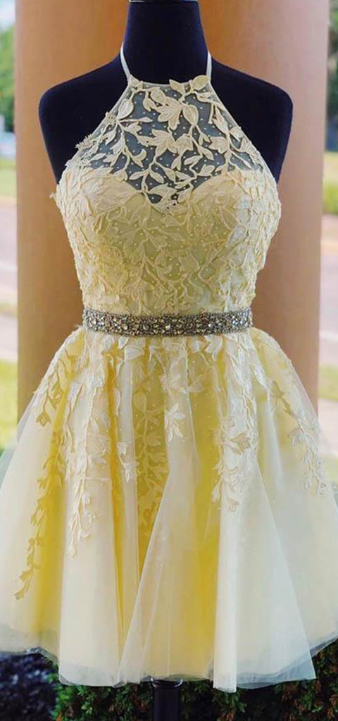 Elegant Halter Lemon A-line Applique Tulle Short Homecoming Dresses Online, HD0680