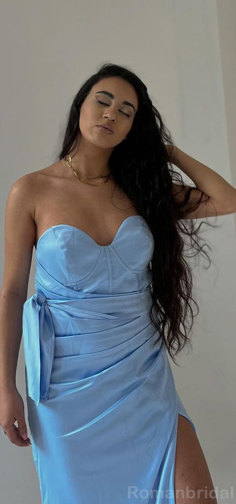 Elegant Sweetheart Mermaid Side Slit Sky-Blue Satin Bridesmaid Dresses Online, BG456