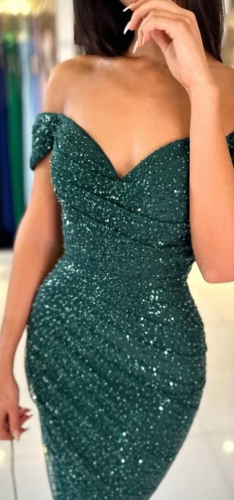 Elegant Off Shoulder Dark Green Mermaid Sequins Knee Length Short Homecoming Dresses Online, HD0681