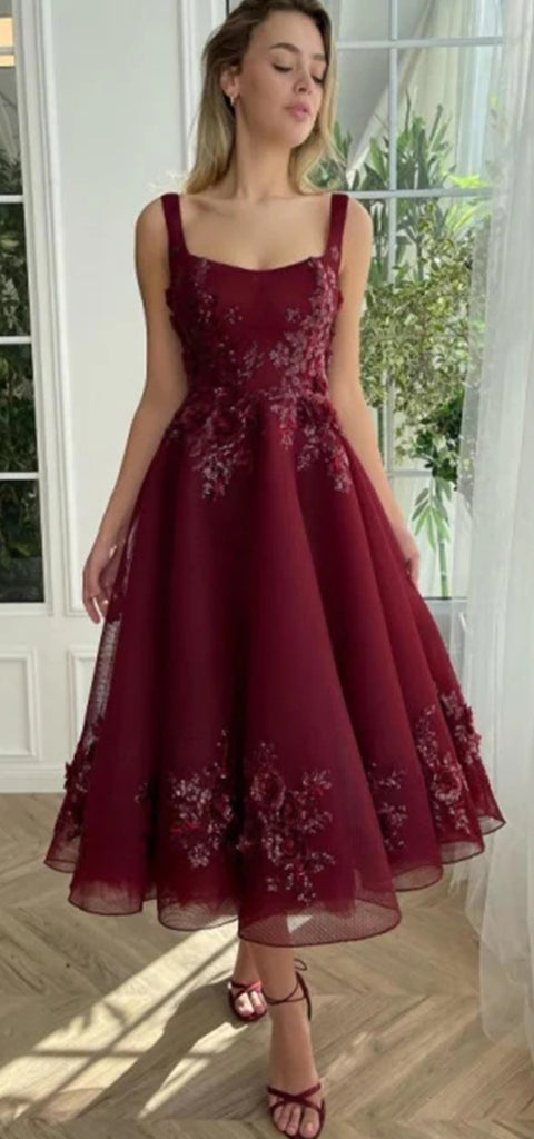 Elegant Straps Burgundy A-line Ankle Length Tulle Homecoming Dresses Online, HD0682