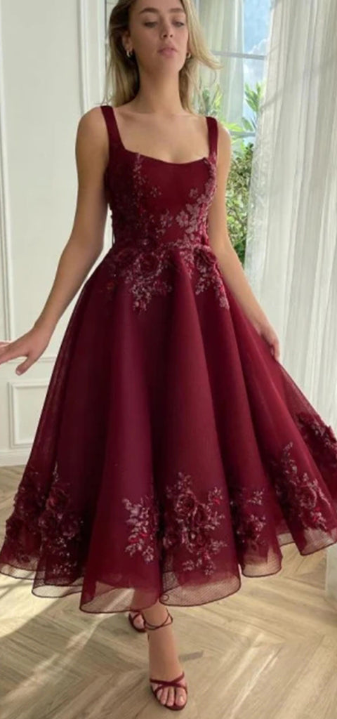 Elegant Straps Burgundy A-line Ankle Length Tulle Homecoming Dresses Online, HD0682