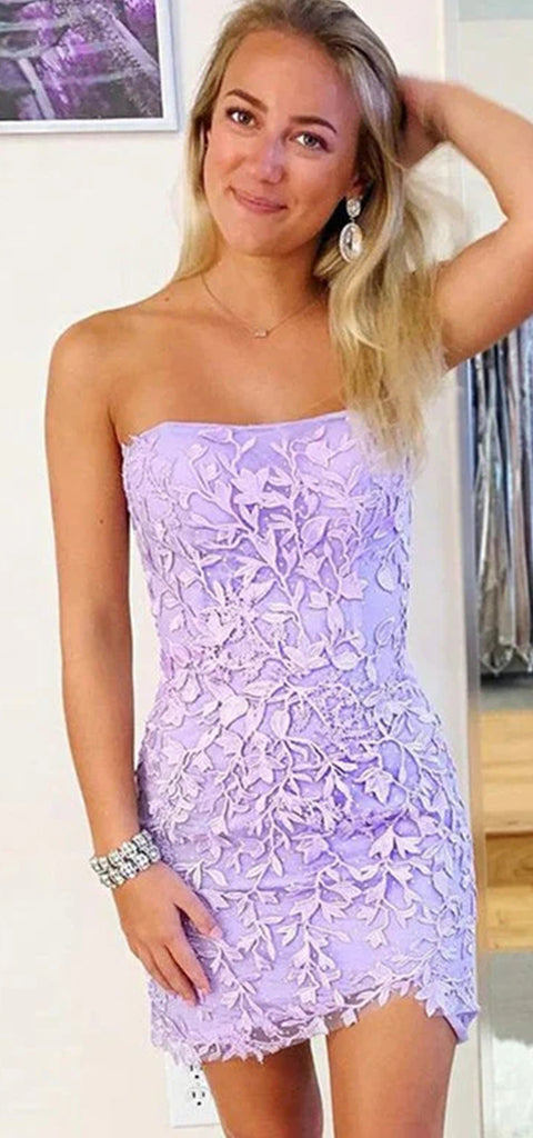 Simple Applique Straight Neck Mermaid Short Lilac Homecoming Dresses Online, HD0690