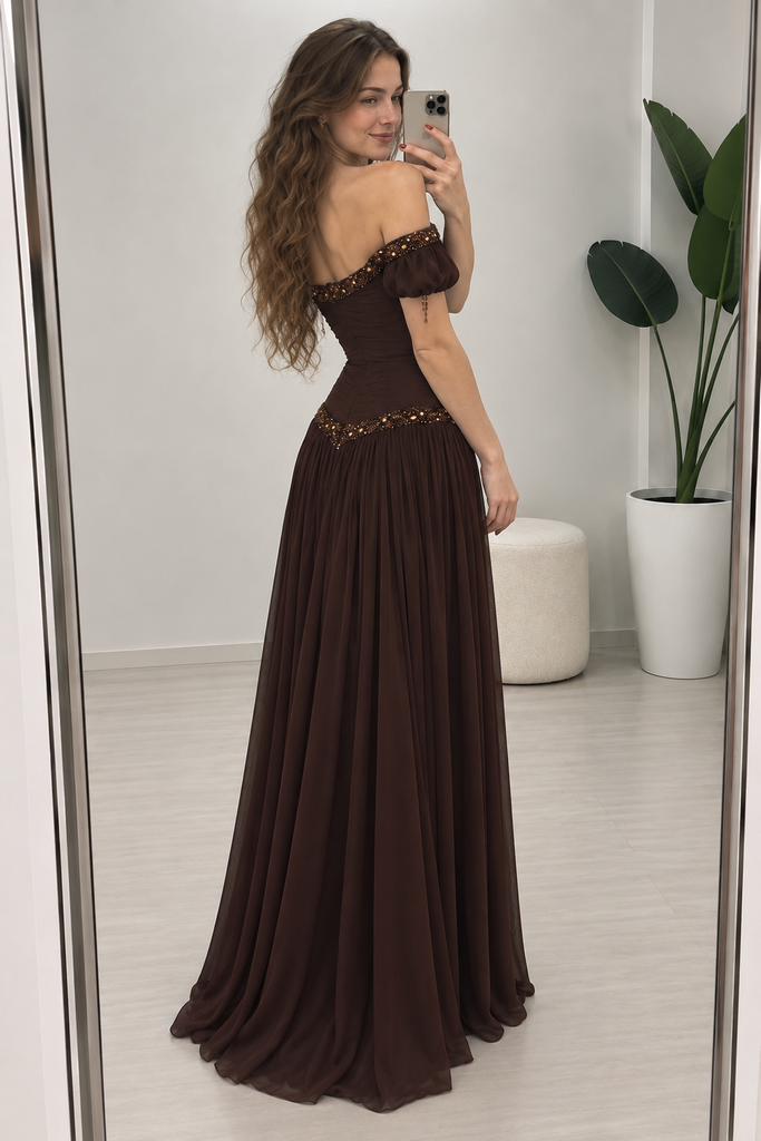Classy Brown Off-Shoulder Ruched Chiffon Prom Dress Unique Beaded A-Line Gown,OLP2403
