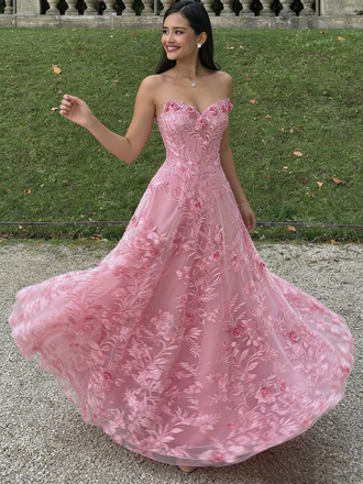 Elegant Strapless Pink Lace Prom Dress with 3D Floral Appliques,OLP1793