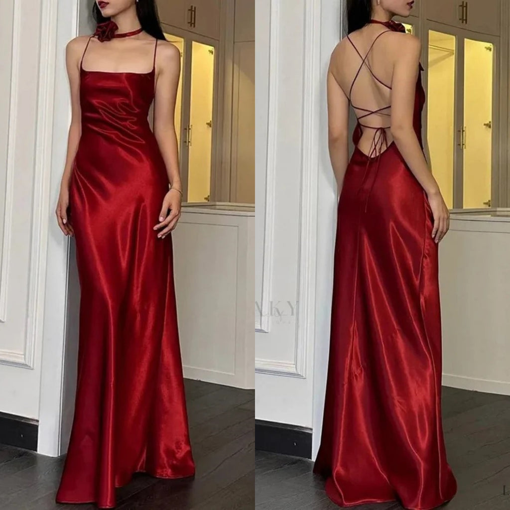 Soft Spaghetti Strap Sleeveless Mermaid Satin Evening Prom Dresses Online, OLP874