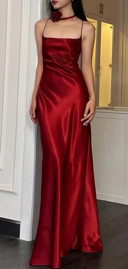 Soft Spaghetti Strap Sleeveless Mermaid Satin Evening Prom Dresses Online, OLP874