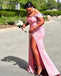 Elegant Off Shoulder Mermaid Side Slit Pink Satin Long Bridesmaid Dresses Online, BG689