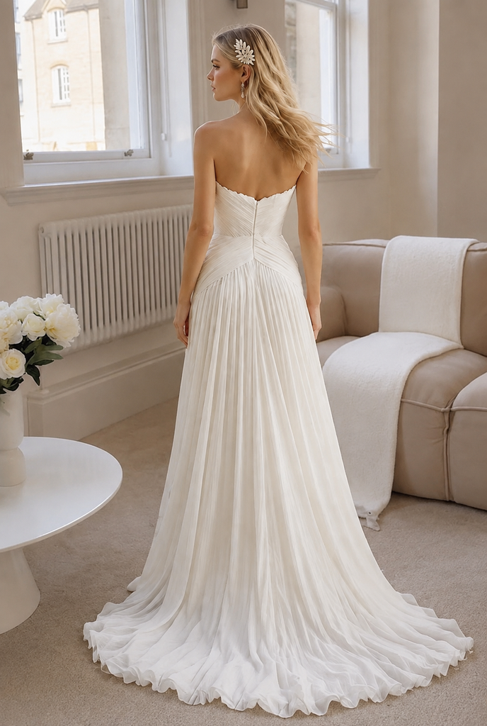 Modern Pleated Chiffon Wedding Dresses Strapless Side Slit Beach Bridal Gowns,WD0590