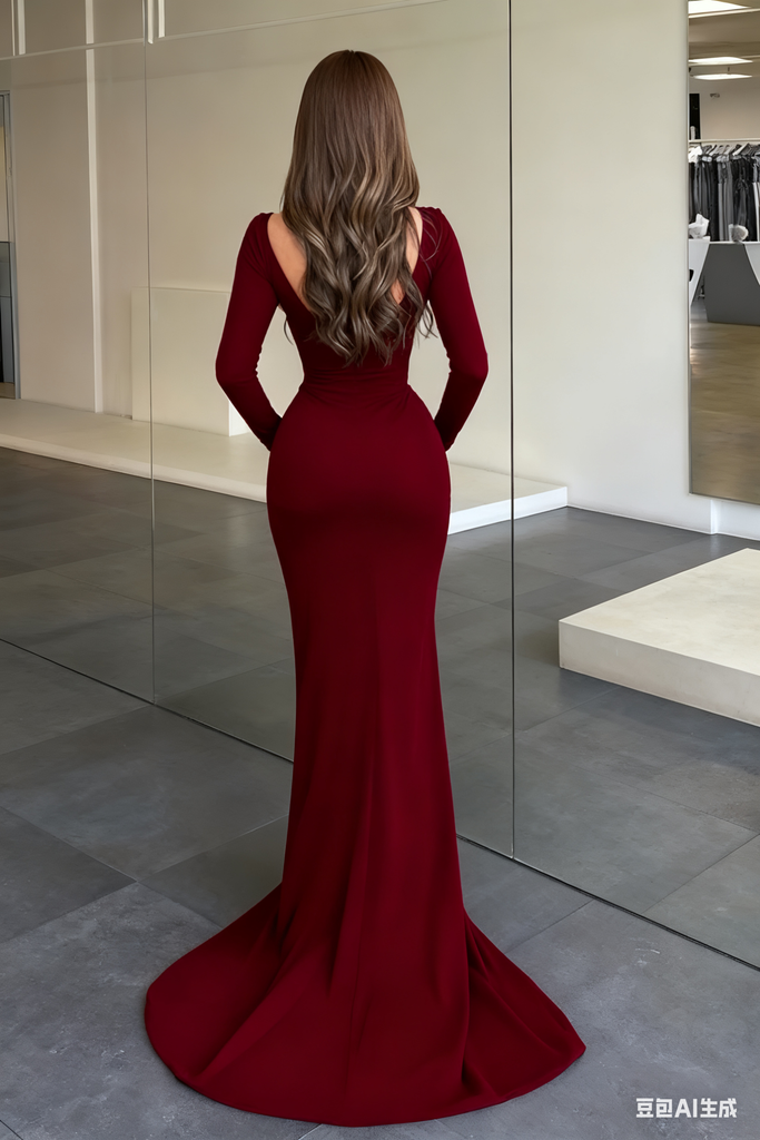 Sexy Red Long Sleeve Mermaid Side Slit Long Prom Dress Ideas, Evening Party Dresses , OLP1213