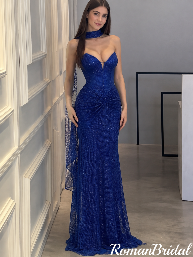 Elegant Royal Blue V Neck Ruched Mermaid Gown Sexy Shimmer Prom Dress,OLP245