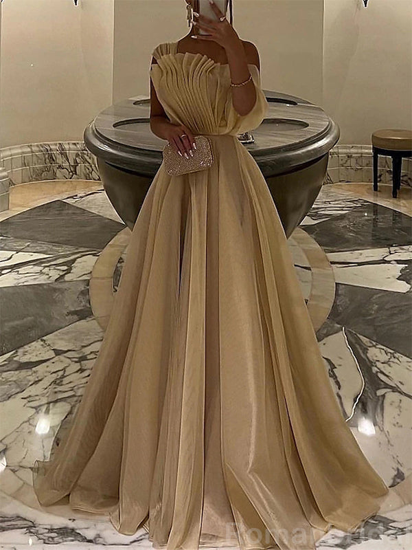 Elegant One Shoulder A-line Champagne Long Evening Prom Dress for Women, OL065