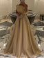 Elegant One Shoulder A-line Champagne Long Evening Prom Dress for Women, OL065