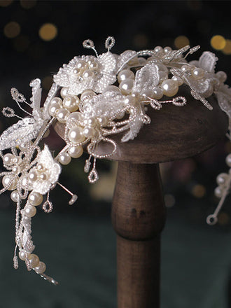 Luxury Hand-twisted Pearl Flower Wedding Dress Hairband Veil for Women