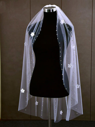 Elegant Simple Sweet Floral Pearls Long Bridal Veil