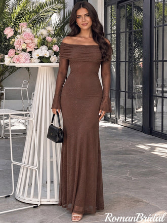 Pretty Brown Off-Shoulder Glitter Maxi Prom Dress Ruched Long Sleeves,OLP2438