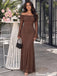 Pretty Brown Off-Shoulder Glitter Maxi Prom Dress Ruched Long Sleeves,OLP2438