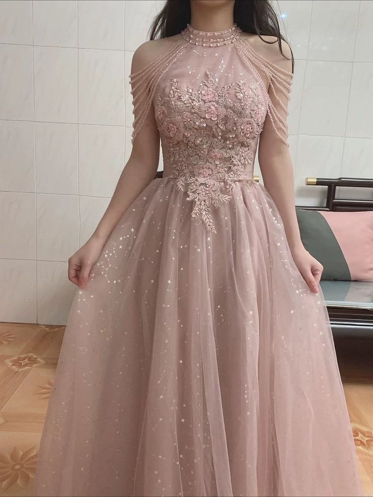 Sparkly Applique Pink Halter A-Line Long Prom Dress Ideas, Evening Party Dresses, OLP1562