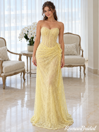 Classy Yellow Strapless Floral Lace Corset Long Prom Dress,OLP2469