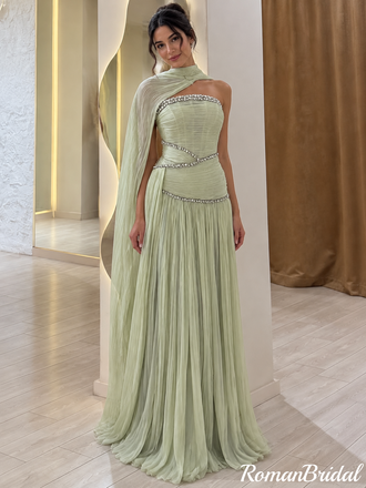 Modern Sage Green Rhinestone Prom Dress Strapless Cape Formal Party Gown,OLP2459