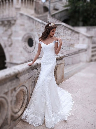 Charming Off Shoulder Sexy Mermaid White Lace Bridal Gown, Wedding Dresses, WD0058