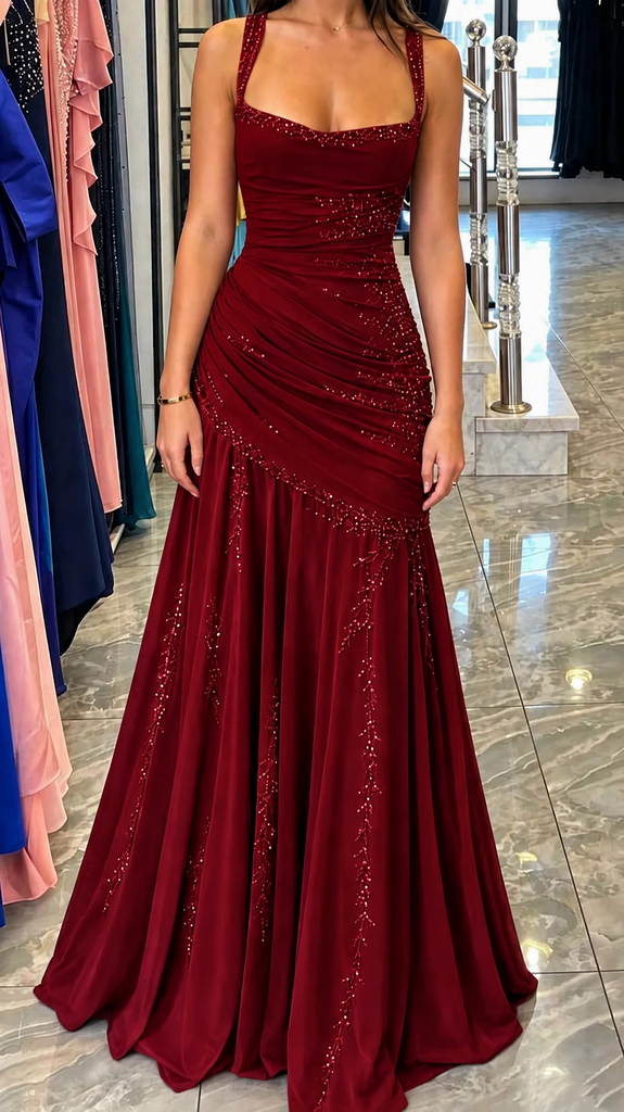 Stunning Burgundy Chiffon Mermaid Gala Gown Sleeveless Ruched Prom Dress,OLP2316