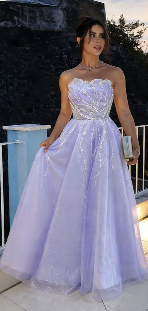 Fancy Lavender Sequin Prom Dress Strapless A-Line Glittery Tulle Evening Gown,OLP1878
