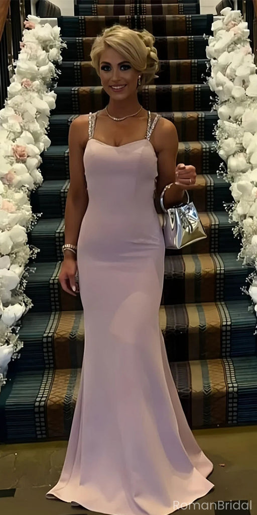 Elegant Pink Spaghetti Strap Mermaid Long Prom Dress Ideas, Evening Party Dresses, OLP1689